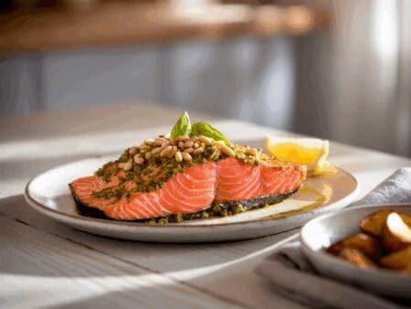 דג סלמון עם רוטב פסטו